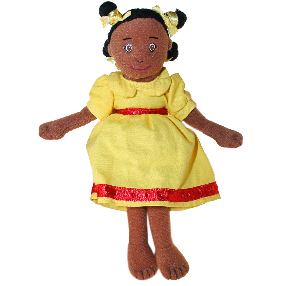 Girl - Dark Skin Tone, Yellow Dress - Finger Puppets